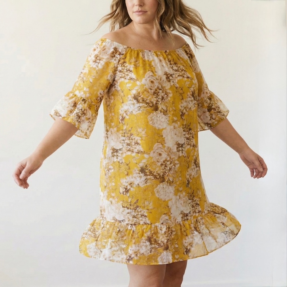 Elena Baldi Made In Italy Silk Blend Floral Off Shoulder Dress Boho Gold M EUC